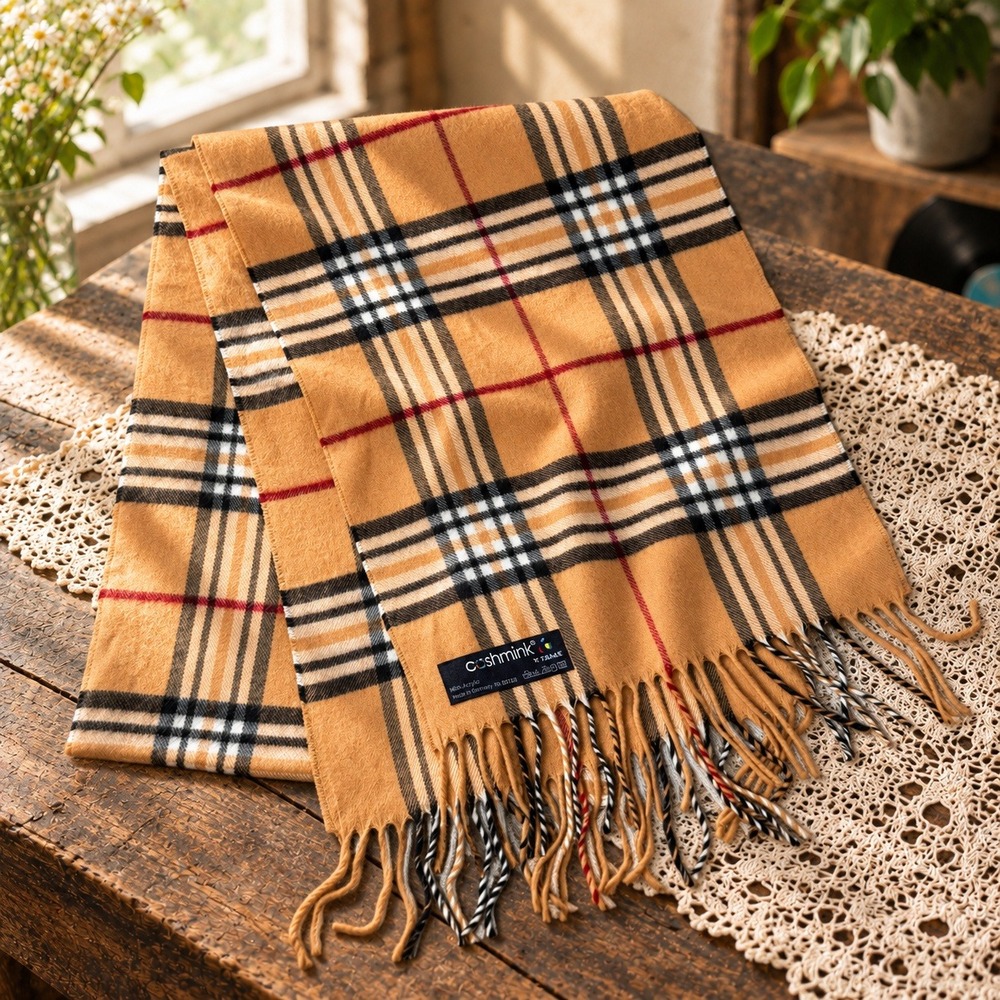 V. Fraas Cashmink Plaid Scarf Tan Camel Black Red Check Tassel Fringe Germany